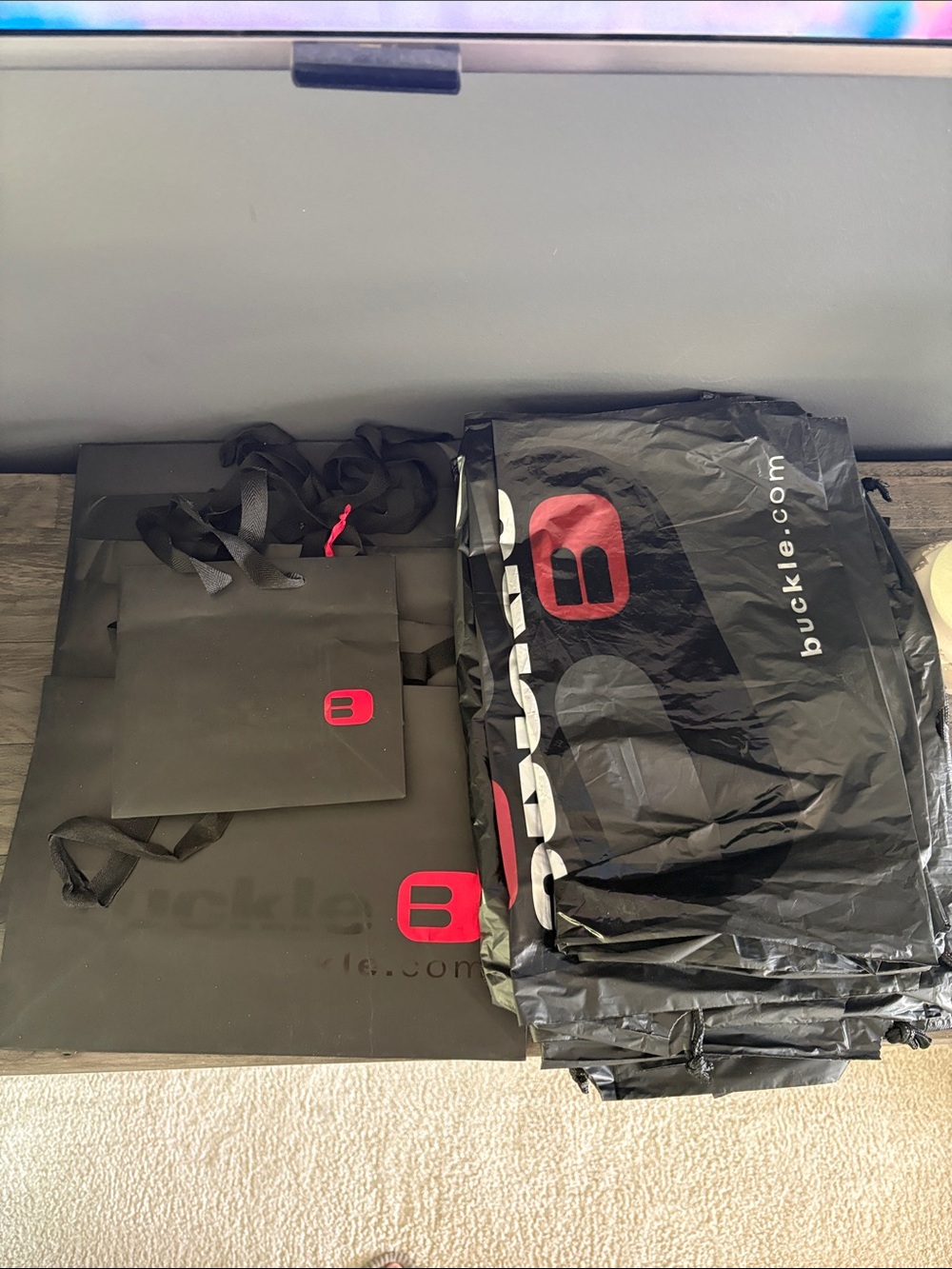Buckle Black Gift Bags with Red Logo